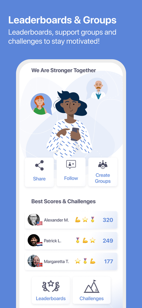 My Care Coach - Tela do aplicativo My Care Coach mostrando leaderboards e grupos de apoio para engajamento da comunidade de pacientes.