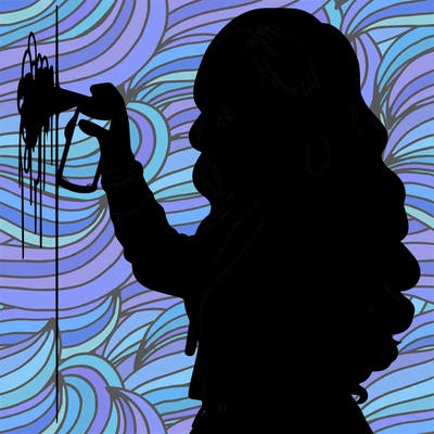 realistic girl with mask spray painting a wall