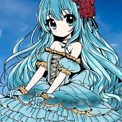 manga princess in fluffy dress with long hair