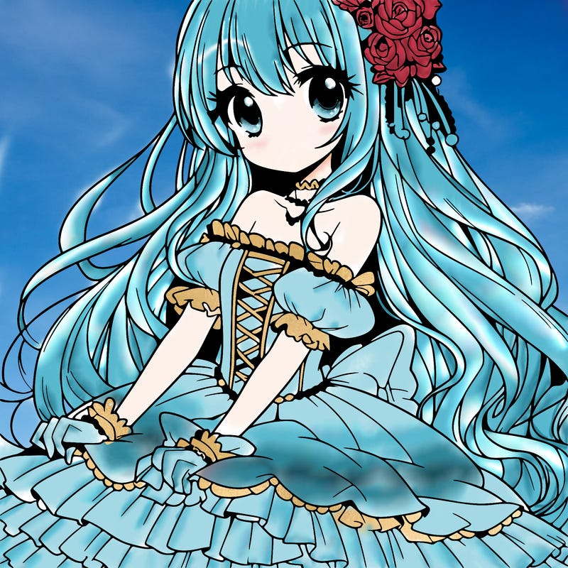 manga princess in fluffy dress with long hair