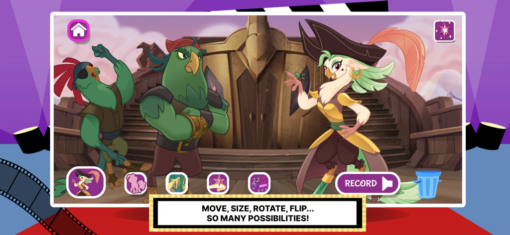 My Little Pony: Story Creator - 마이 리틀 포니 스토리 크리에이터 앱 인터페이스의 캡틴 셀레노와 해적 캐릭터들.