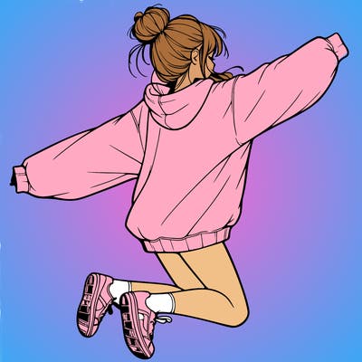 realistic girl jumping with a bun and oversized sweatshirt