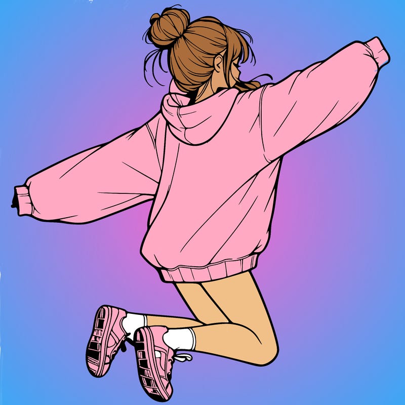 realistic girl jumping with a bun and oversized sweatshirt