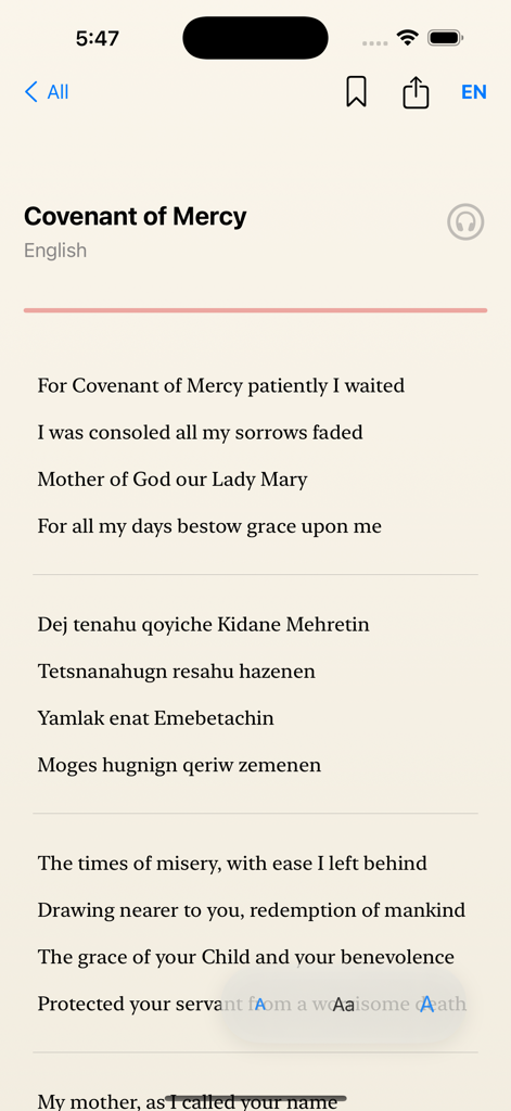 EOTC hymns - A screen from the EOTC hymns app displaying the lyrics for Covenant of Mercy in English and transliterated Amharic.