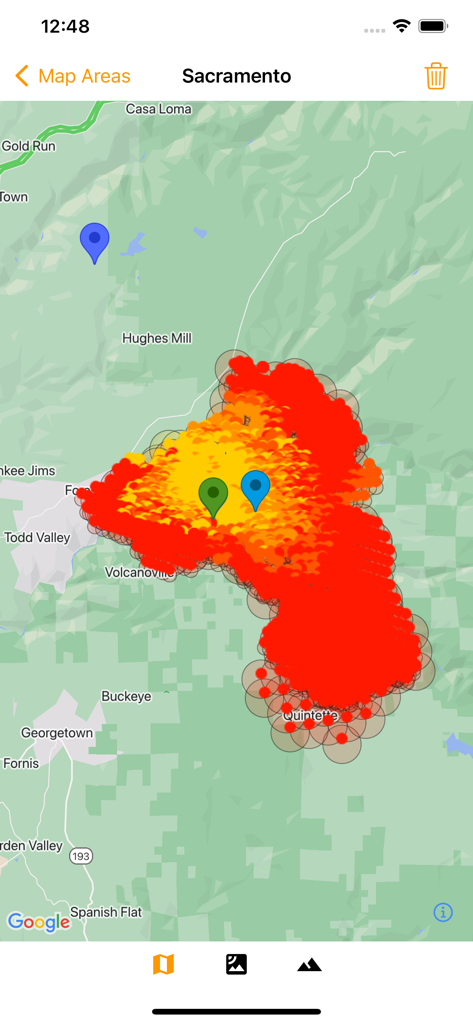 Fireguard Wildfire Tracker - Map view of the Fireguard Wildfire Tracker app showing a large active wildfire hotspot and location markers near Sacramento