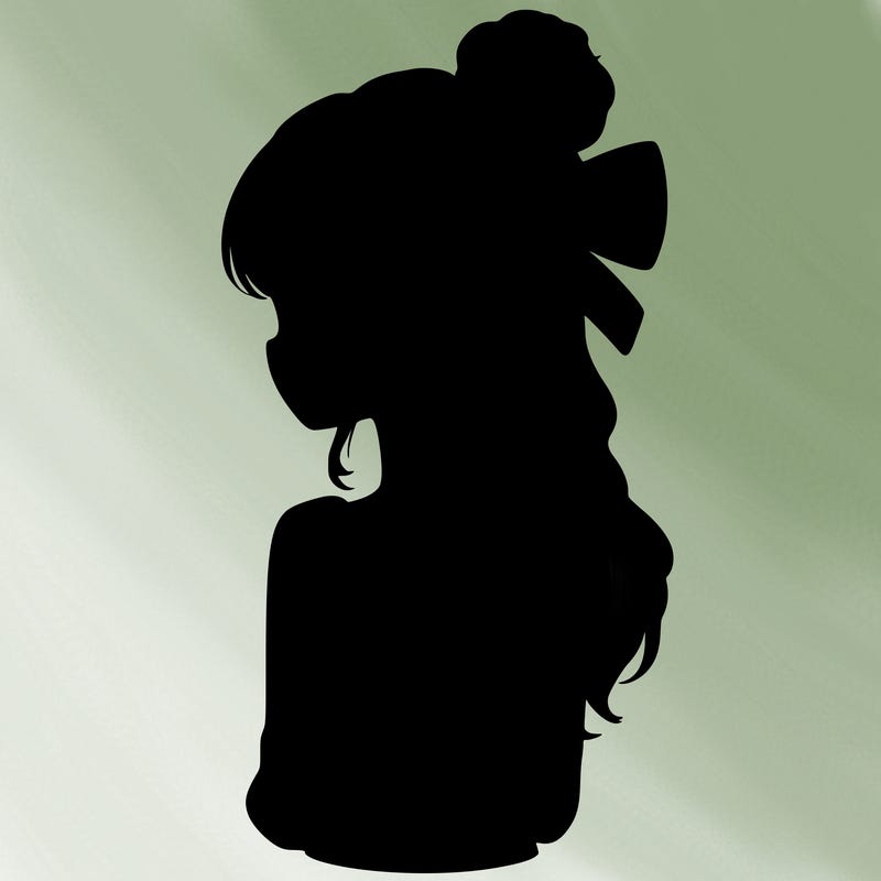 realistic girl  with hip length hair a bun and a big bow on the back of head
