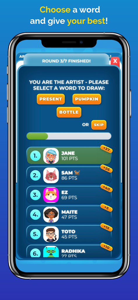 Drawize - Draw and Guess - Pantalla del juego móvil Drawize mostrando opciones de selección de palabras para el artista y una tabla de clasificación de jugadores con avatares personalizados.
