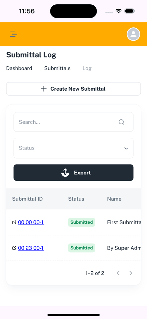 A construction submittal log interface within the Studly app displaying a table of project submittals with ID status and names