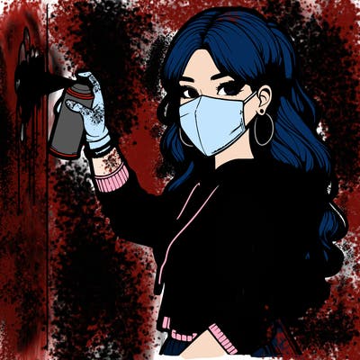 realistic girl with mask spray painting a wall