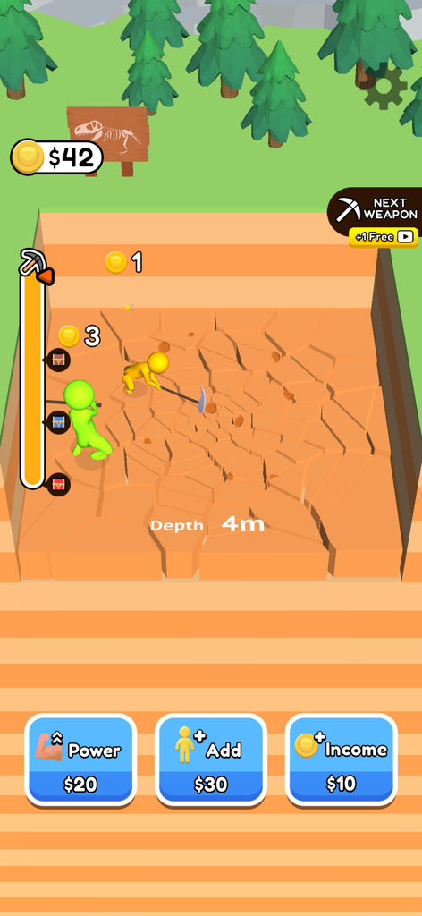 Dig Dig ASMR - Gameplay of Dig Dig ASMR showing stickmen mining for coins and upgrade menus