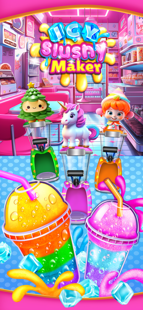 Icy Slushy Maker game screen featuring a unicorn mascot and colorful rainbow frozen drinks