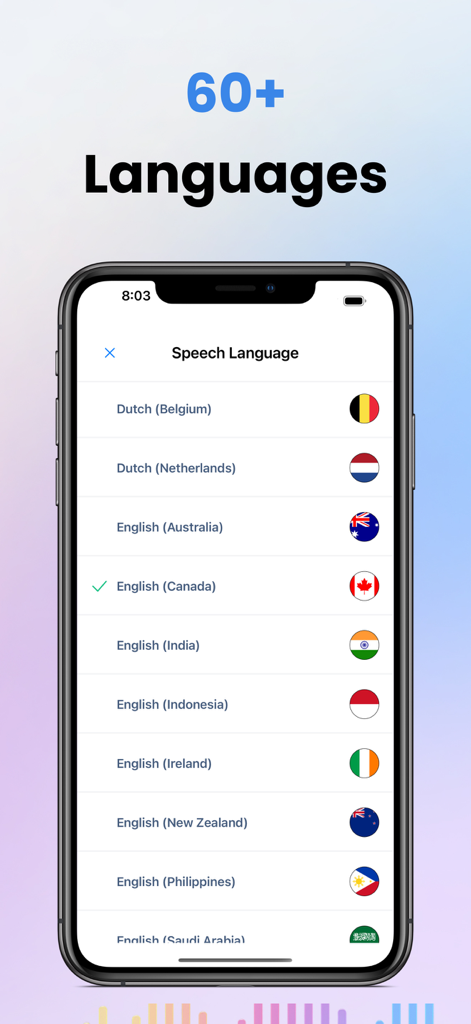 Transcriber • Speech to Text - Interface of the Transcriber app showing a selection list of over 60 supported languages for speech to text transcription