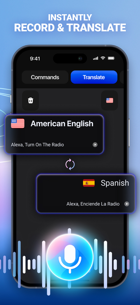 Smart Alexa : Voice Control - Smart Alexa app interface showing voice command translation from English to Spanish