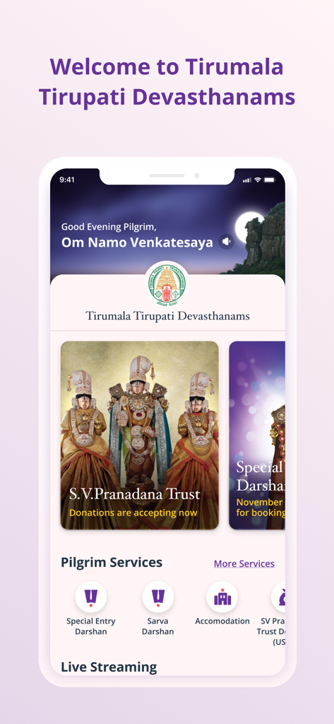 Homepage of the TTDevasthanams app displaying pilgrim services and booking options