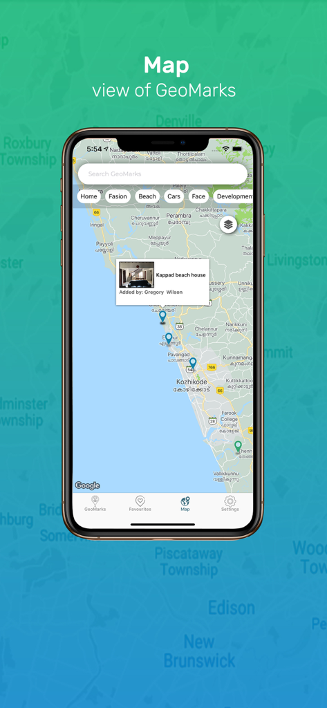 Vista de mapa en la aplicación GeoMark que muestra pines y una miniatura de foto para una ubicación etiquetada en un mapa