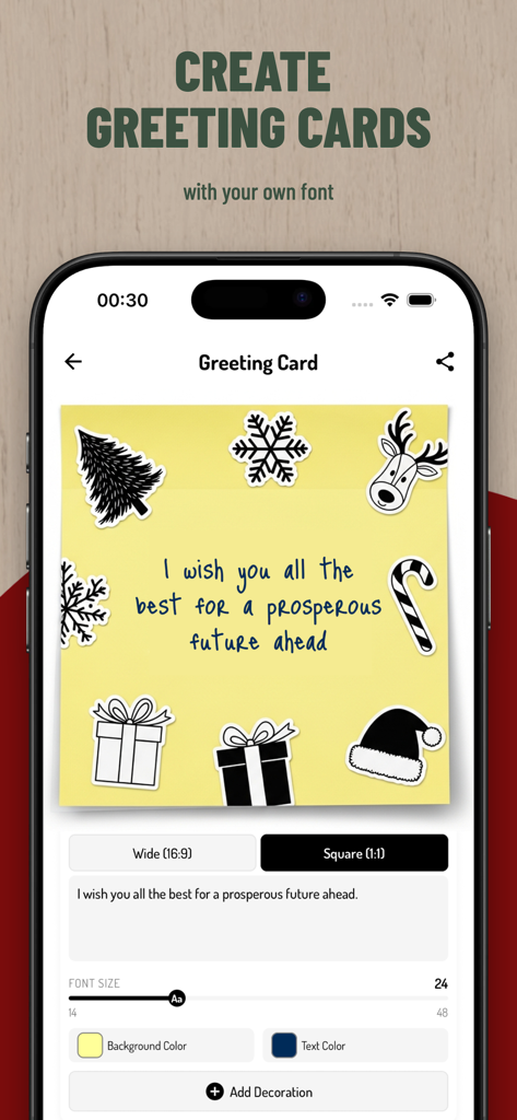 Mobile App-Oberfläche, die eine personalisierte Grußkarte mit Weihnachtsstickern und benutzerdefinierter Handschrift-Schriftart zeigt.