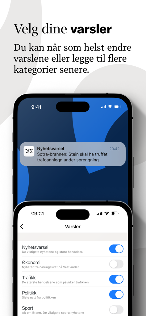 Bergens Tidende - Interface of the Bergens Tidende app showing notification settings to customize alerts for news, economy, traffic, and sports.