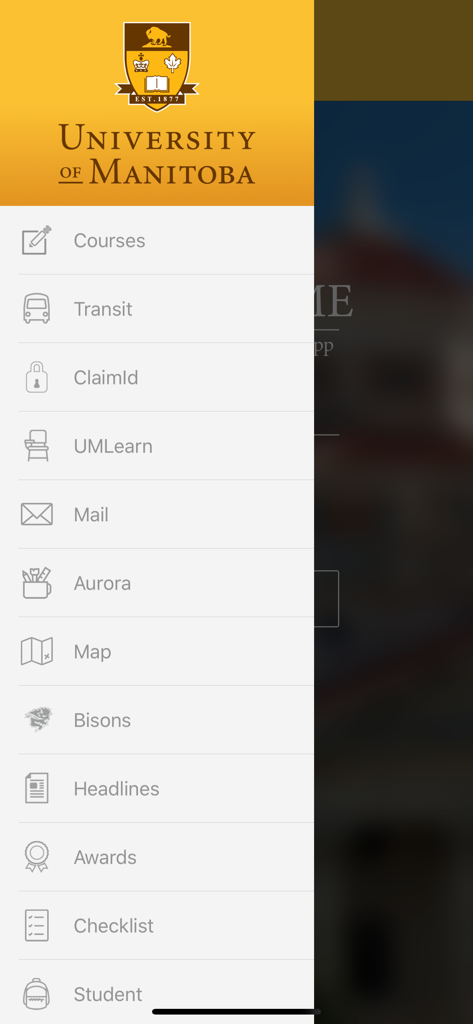 UManitoba - Side navigation menu of the UManitoba mobile app listing student services like courses transit and mail