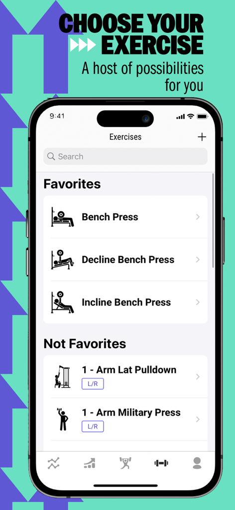 Speed4Lifts - Mobile app screen showing a list of strength training exercises like bench press in the Speed4Lifts app.