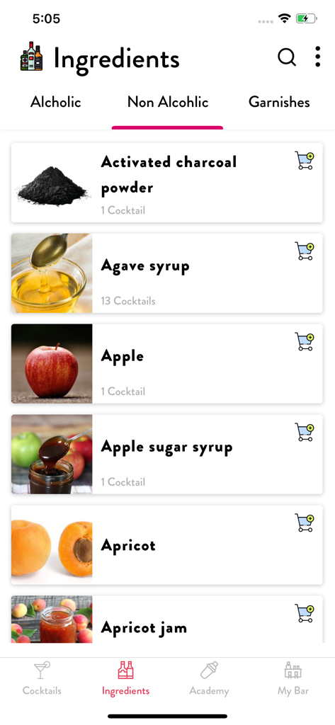 Cocktails App: Drinks Database - Tela do aplicativo móvel mostrando uma lista de ingredientes para cocktails sem álcool, como xarope de agave e geleia de damasco