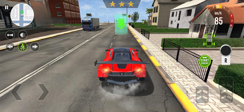 Real Car Driving: School Game - A red sports car driving on a city street in a driving school simulation game with on-screen controls and speedometer.