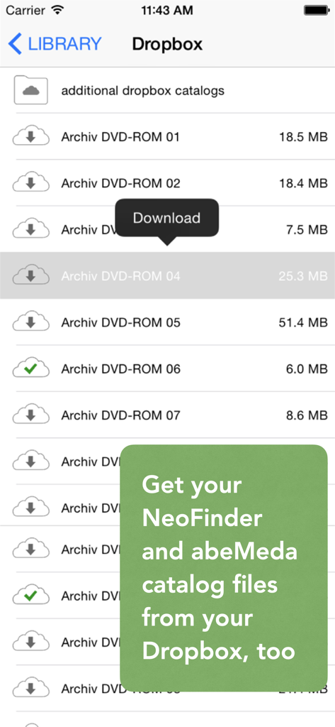 NeoFinder - NeoFinder app interface showing a list of digital archive catalogs stored in Dropbox with download options