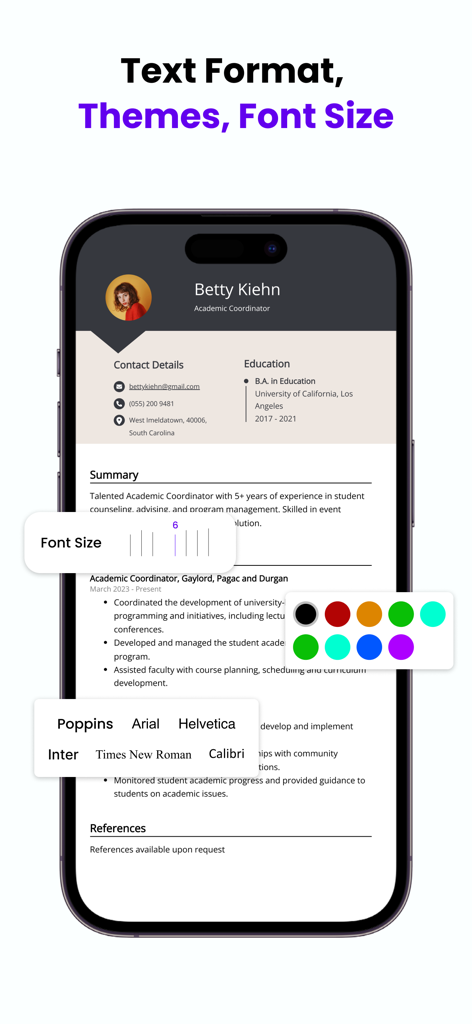 AI Resume Maker - CV Builder - Interface of the AI Resume Maker app showing font size, style, and color theme customization options for a professional CV.