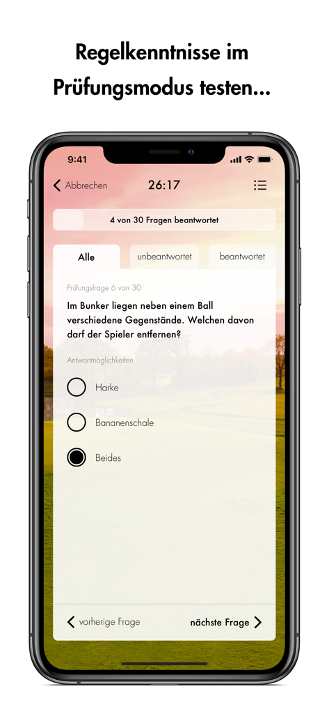 DGV-Platzreife - A screenshot of the DGV-Platzreife app showing a golf rules question in exam mode