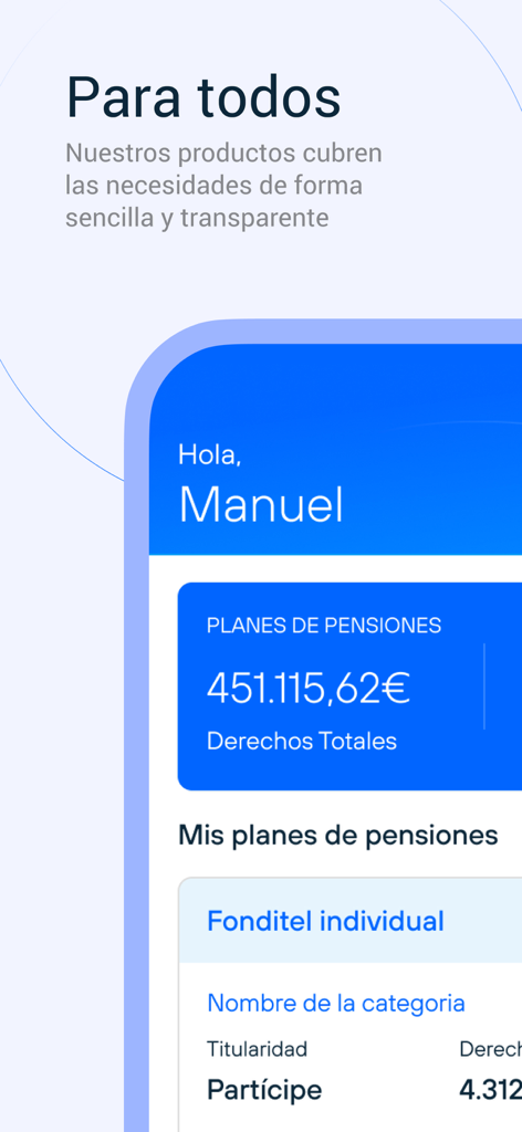 Painel da aplicação móvel Fonditel mostrando uma saudação ao utilizador e o saldo total do plano de pensão em euros