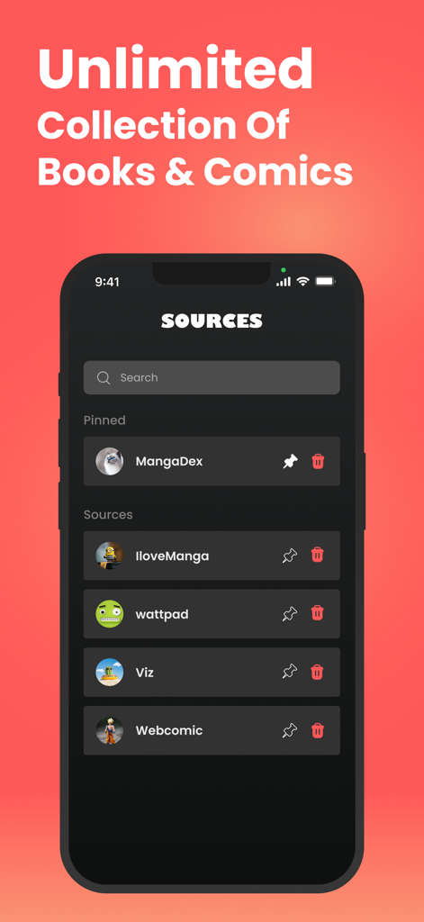 Manga Reader: Daily Update Now - A mobile app screen showing a list of manga and comic content sources like MangaDex and Viz under the heading Unlimited Collection Of Books and Comics