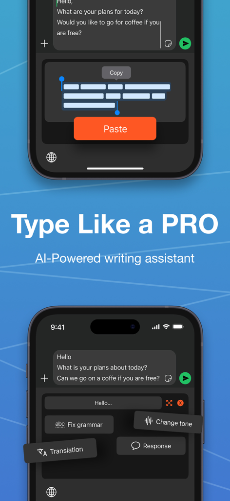 Snap Translator - Photo & AI - チャットインターフェースで文法校正やトーン調整を含むAIライティングアシスタント機能を示すスマートフォンの画面