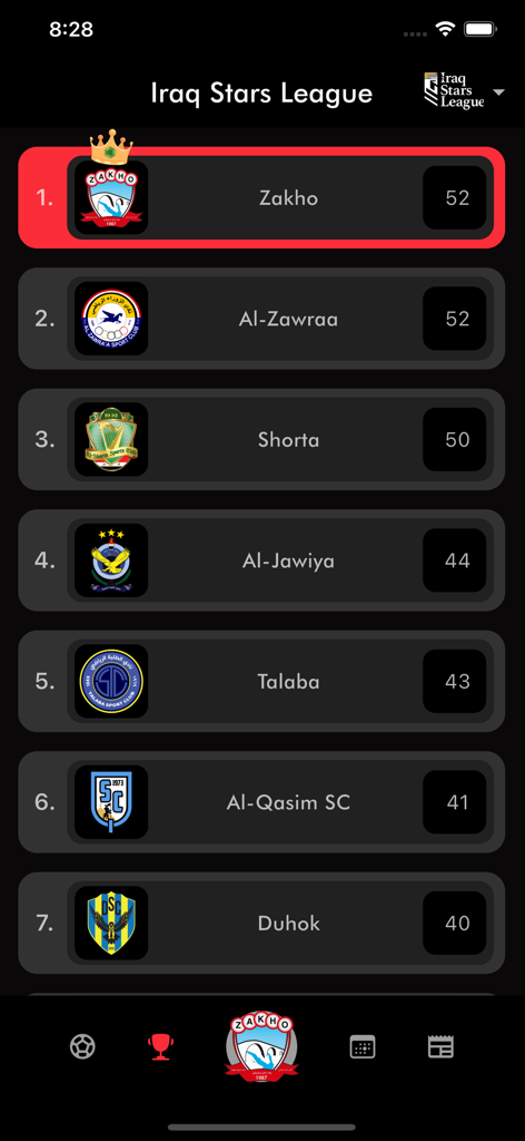 Zakho SC - Screenshot dell'app Zakho SC che mostra la classifica della Iraq Stars League con Zakho al primo posto