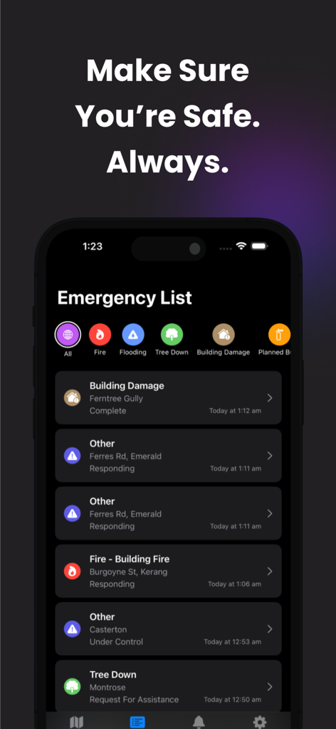 NSW Emergency: Incident Alerts - Interfaz de la aplicación NSW Emergency que muestra una lista de alertas de emergencia en vivo por incendios y daños a edificios