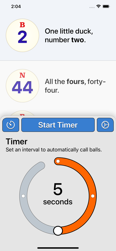 Bingo Machine - Number Caller - Bingo Machine app interface showing called numbers with catchphrases and a 5 second timer for automatic calling