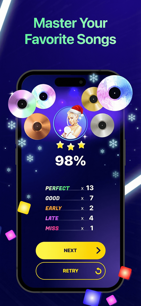 Beat Maker Pro app results screen showing a 98 percent score and performance statistics