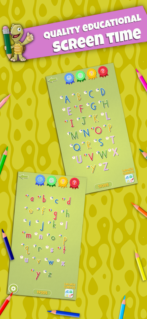 LetraKid PRO: Kids Writing ABC - Pantallas de trazado del alfabeto educativo que muestran letras mayúsculas y minúsculas con una mascota tortuga y lápices