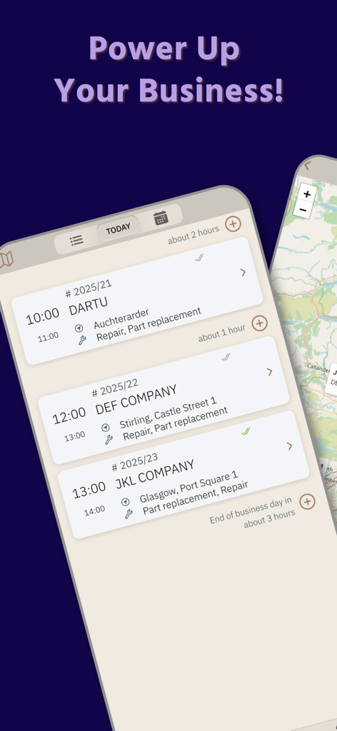 Tägliche Serviceauftragsplanungsansicht in der Service & Auftragsverwaltung App für mobile Profis