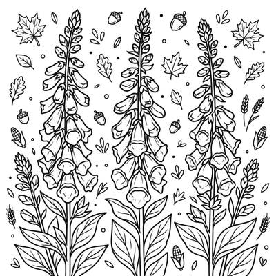 Dive into the beauty of autumn with this delightful coloring page featuring elegant foxglove flowers. Surrounded by falling leaves and harvest treasures, it's perfect for a cozy creative session.
