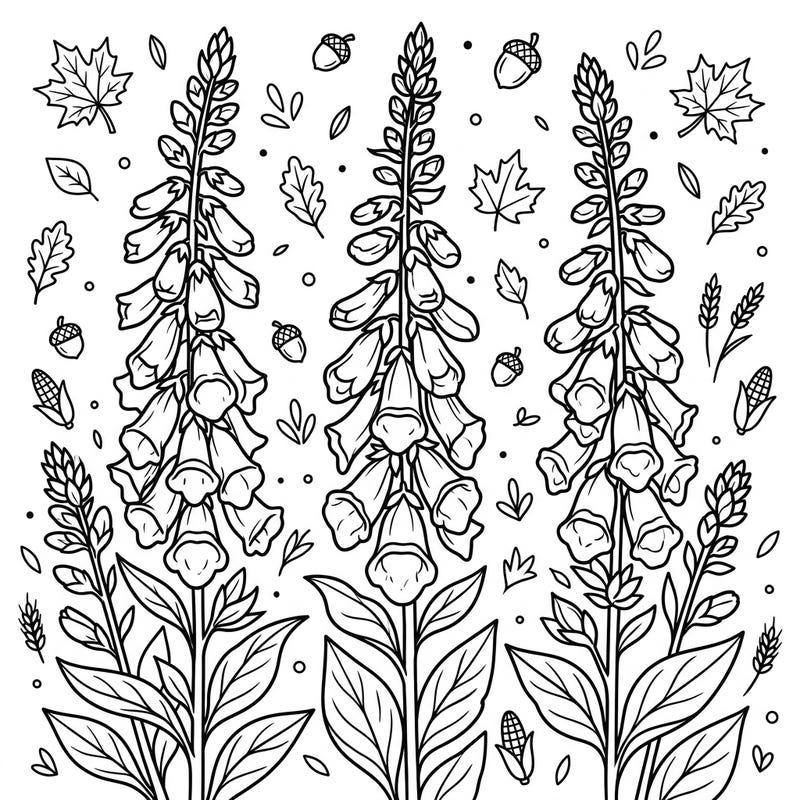 Dive into the beauty of autumn with this delightful coloring page featuring elegant foxglove flowers. Surrounded by falling leaves and harvest treasures, it's perfect for a cozy creative session.
