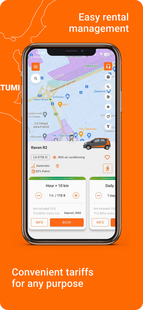 Getmancar app interface showing a car selection on a map with rental pricing and tariffs
