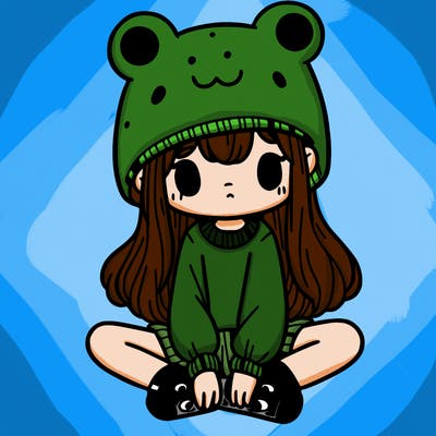 a girl wearing a frog hat and some frog socks