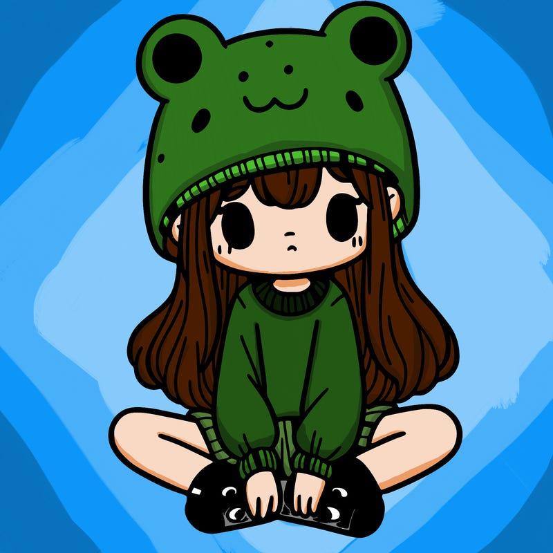 a girl wearing a frog hat and some frog socks