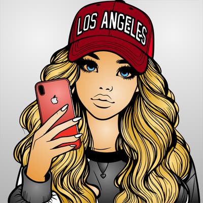 realistic beautiful girl wearing los ángeles cap holding an iphone