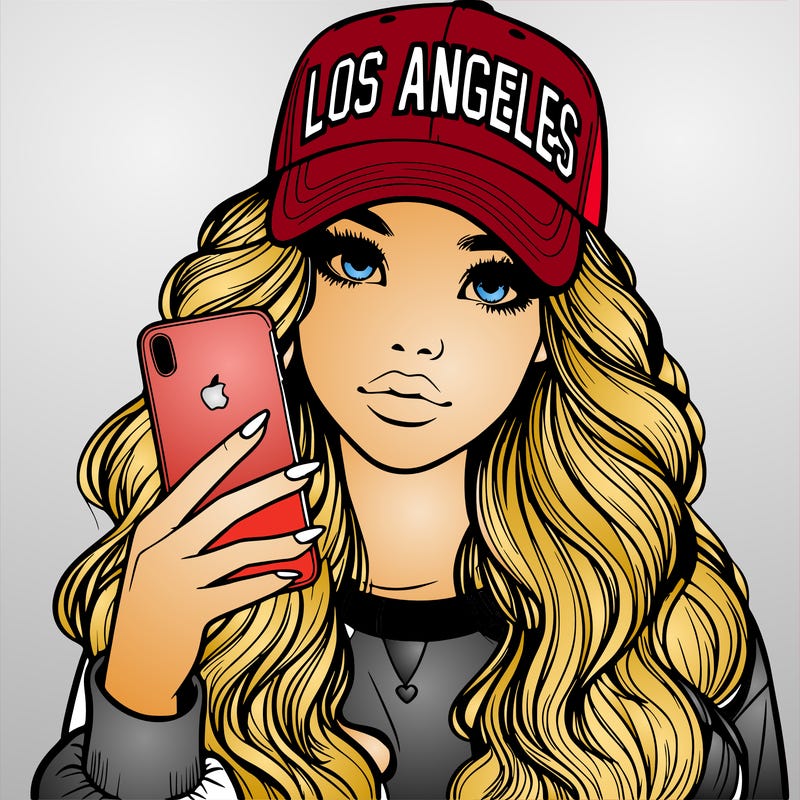 realistic beautiful girl wearing los ángeles cap holding an iphone