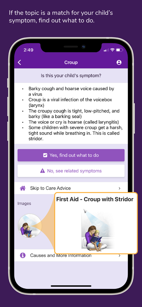 Pediatric SymptomMD - Capture d'écran de l'application Pediatric SymptomMD montrant une liste de symptômes et des conseils de premiers secours pour le croup chez les enfants.