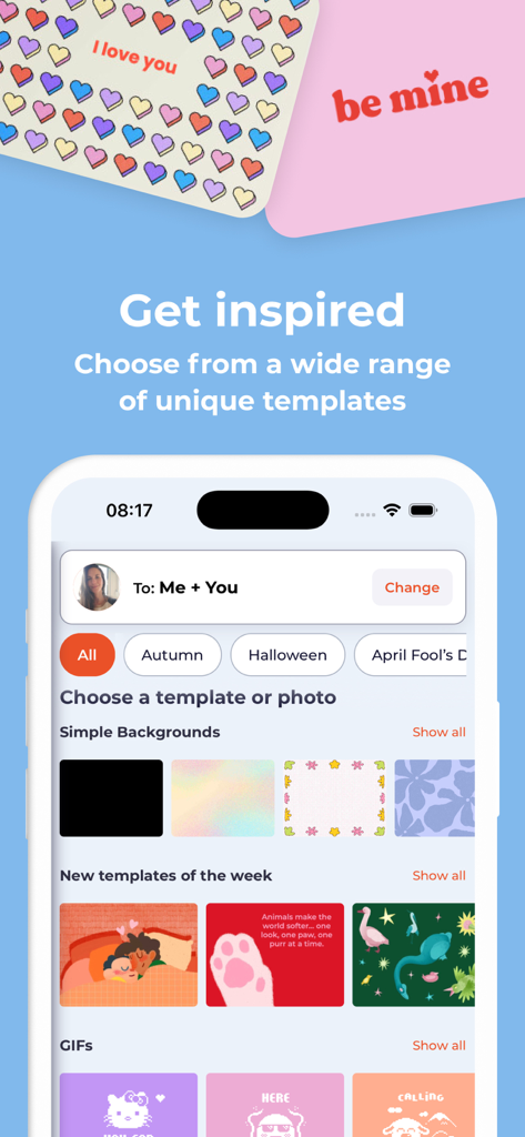 Lovebox - Long Distance Love - Interface of the Lovebox app showing a variety of creative message templates and backgrounds for long-distance communication.
