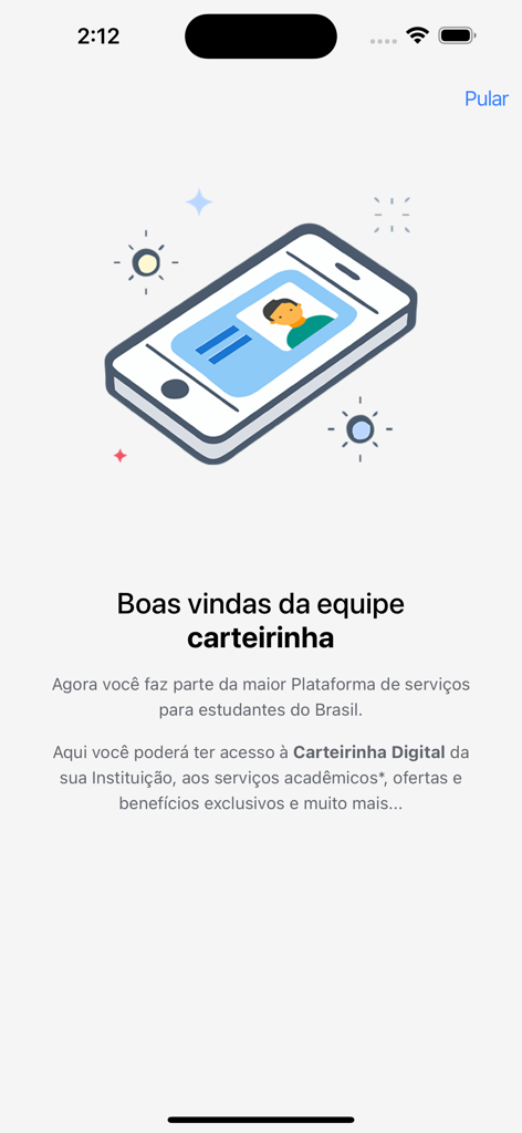 Welcome screen of the Carteirinha app showing a digital student ID on a smartphone