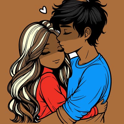 a realistic couple boy and girl hugging and kissing