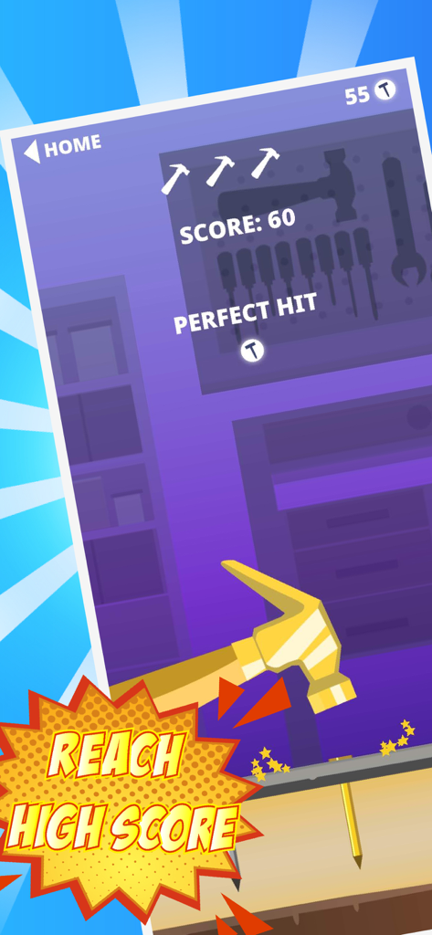 Hammer & Nail - Carpenter Hero - A golden hammer hitting a nail perfectly in the Hammer and Nail Carpenter Hero mobile game gameplay screenshot.