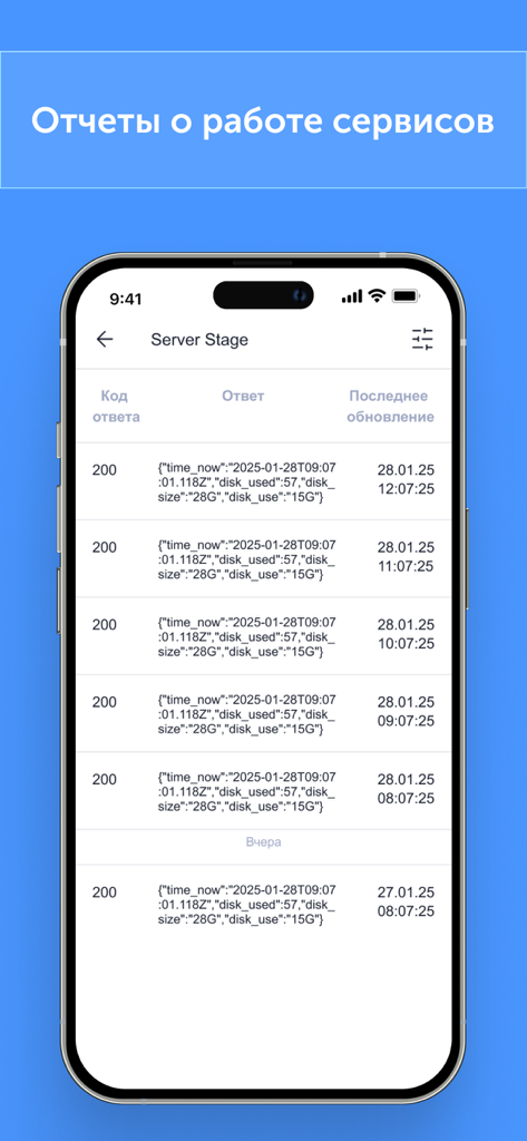 Uma tela de smartphone exibindo códigos de resposta do servidor e relatórios de status do disco